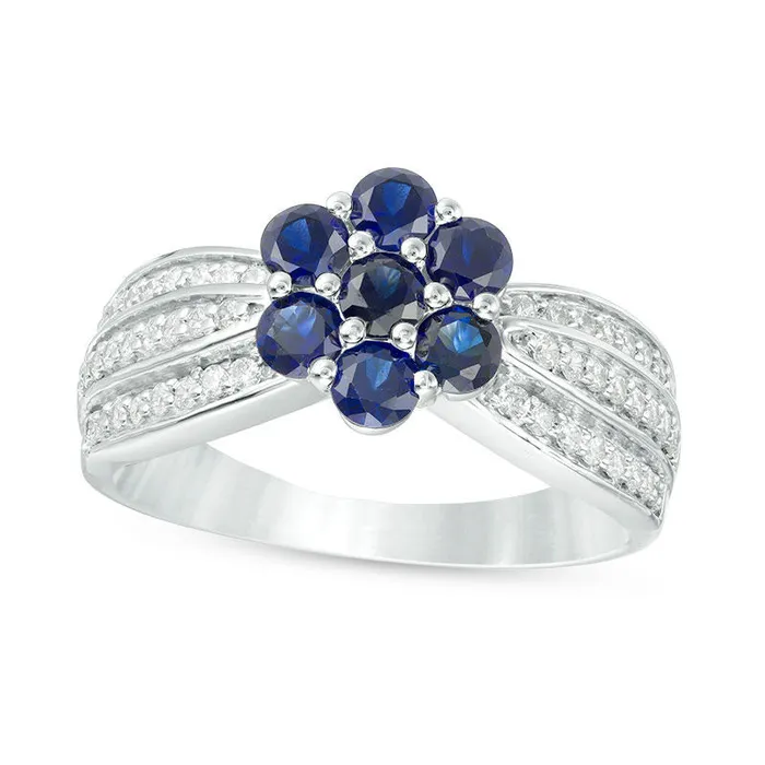 LabCreated Blue Sapphire and 033 CT TW Diamond Triple Row Flower Ring in Sterling Silver Goldia Rings LabCreated Blue Sapphire and 033 CT TW Diamond Triple Row Flower Ring in Sterling Silver Goldia Rings