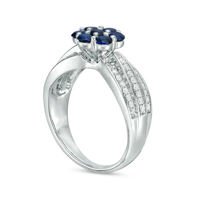 LabCreated Blue Sapphire and 033 CT TW Diamond Triple Row Flower Ring in Sterling Silver Goldia Rings LabCreated Blue Sapphire and 033 CT TW Diamond Triple Row Flower Ring in Sterling Silver Goldia Rings