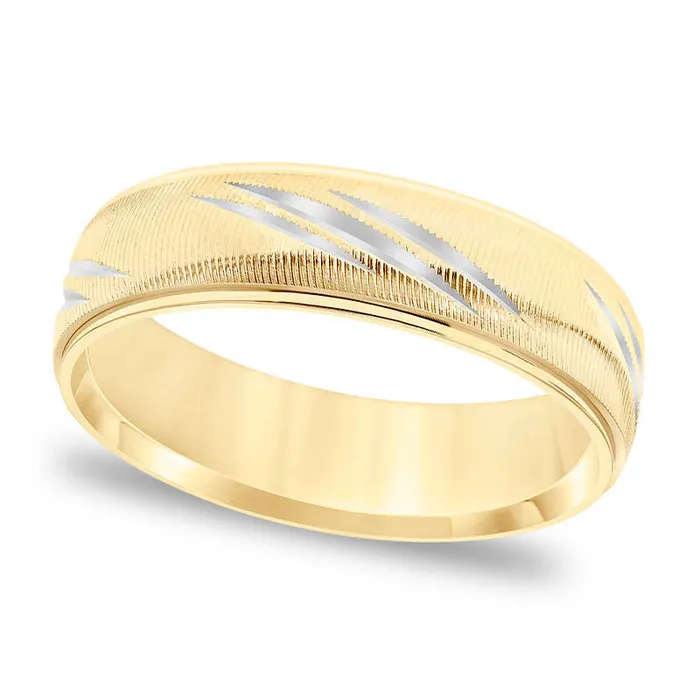 Mens 60mm ComfortFit SwissCut Etched Wedding Band in Solid 14K Gold Goldia Rings Mens 60mm ComfortFit SwissCut Etched Wedding Band in Solid 14K Gold Goldia Rings