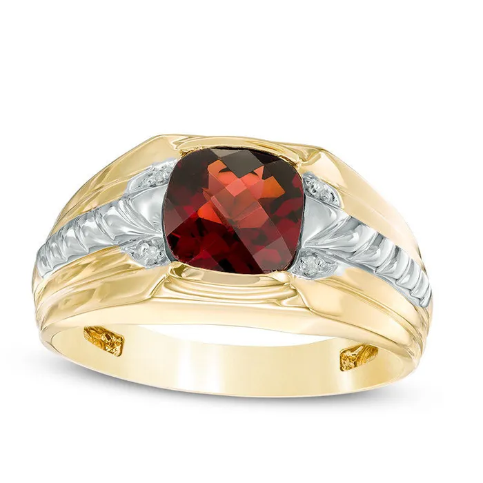 Mens 80mm CushionCut Garnet and Natural Diamond Accent Comfort Fit Ring in Solid 10K Yellow Gold Goldia Rings Mens 80mm CushionCut Garnet and Natural Diamond Accent Comfort Fit Ring in Solid 10K Yellow Gold Goldia Rings