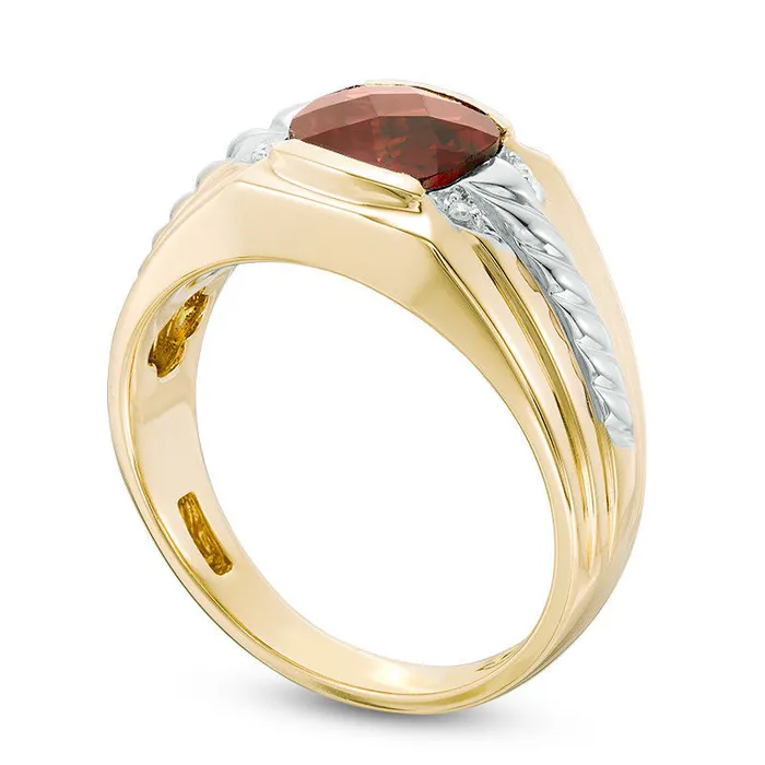 Mens 80mm CushionCut Garnet and Natural Diamond Accent Comfort Fit Ring in Solid 10K Yellow Gold Goldia Rings Mens 80mm CushionCut Garnet and Natural Diamond Accent Comfort Fit Ring in Solid 10K Yellow Gold Goldia Rings