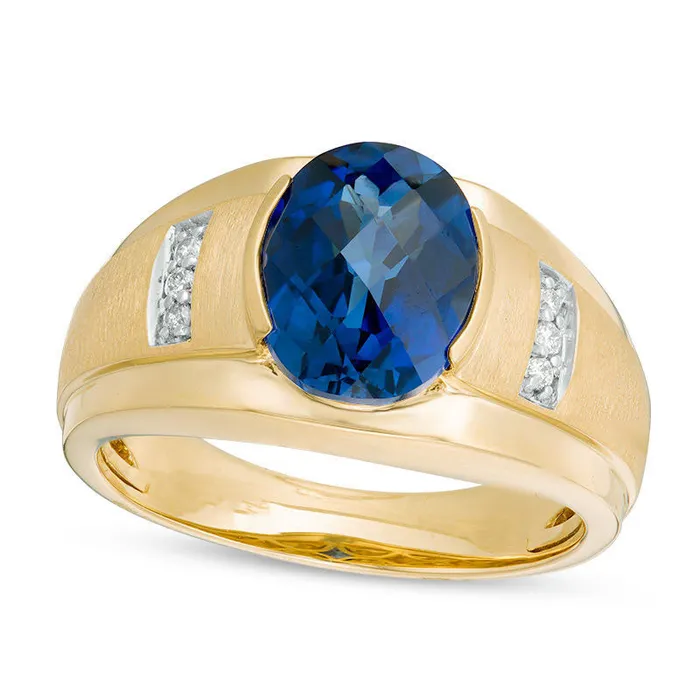 Mens Oval LabCreated Blue Sapphire and 005 CT TW Diamond Collar Ring in Solid 10K Yellow Gold Goldia Rings Mens Oval LabCreated Blue Sapphire and 005 CT TW Diamond Collar Ring in Solid 10K Yellow Gold Goldia Rings