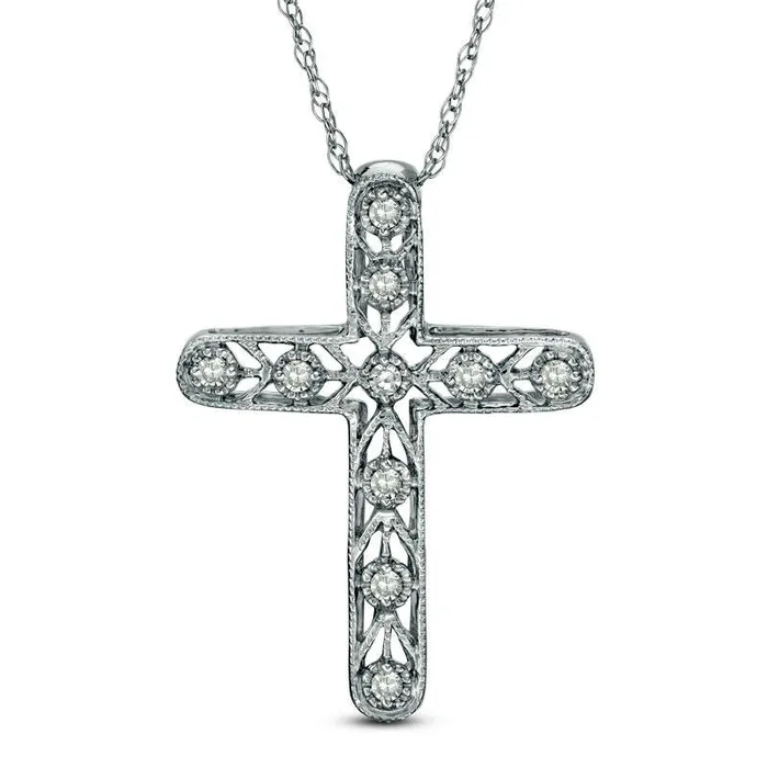 Natural Diamond Accent Antique VintageStyle Chevron Cross Pendant in 10K White Gold Goldia Necklaces Natural Diamond Accent Antique VintageStyle Chevron Cross Pendant in 10K White Gold Goldia Necklaces
