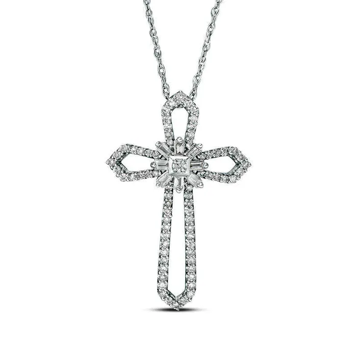 Necklaces Goldia 02 CT TW Baguette and Round Natural Diamond Star Cross Pendant in 10K White Gold Necklaces Goldia 02 CT TW Baguette and Round Natural Diamond Star Cross Pendant in 10K White Gold