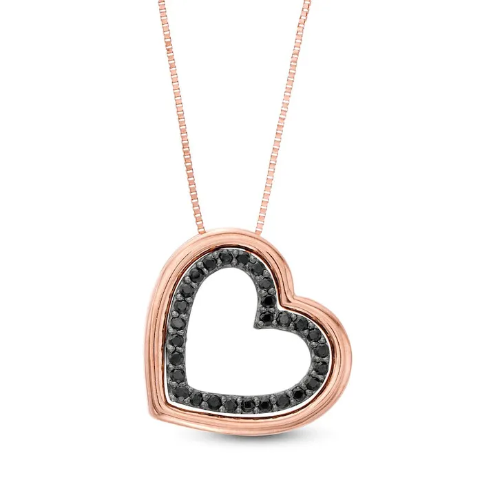 Necklaces Goldia 02 CT TW Enhanced Black Natural Diamond Tilted Heart Outline Pendant in 10K Rose Gold Necklaces Goldia 02 CT TW Enhanced Black Natural Diamond Tilted Heart Outline Pendant in 10K Rose Gold