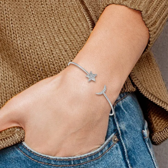 Necklaces goldiaca 14k White Gold Natural Diamond Moon and Star Flexible Cuff Bangle