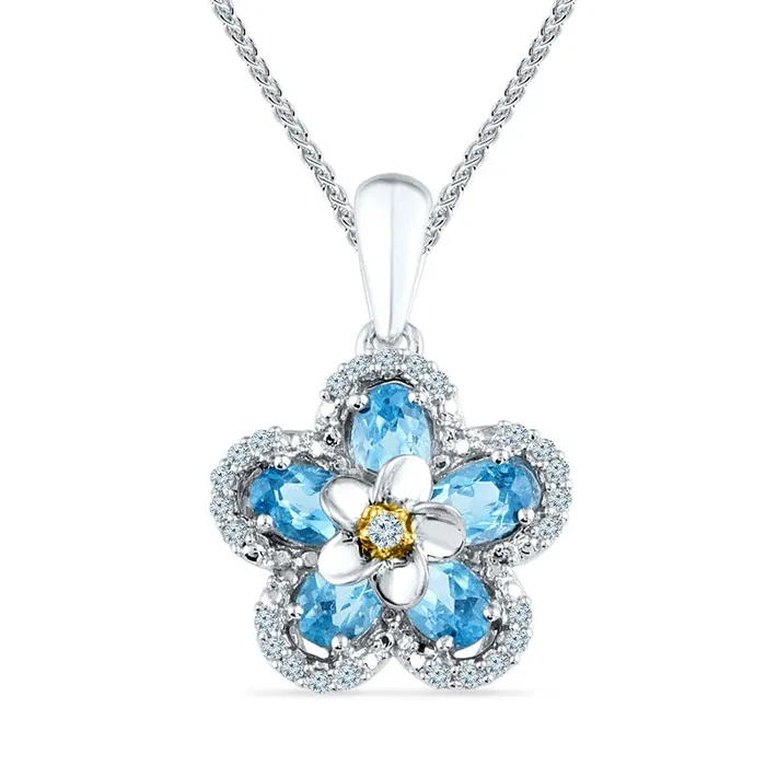 Necklaces Goldia Oval Blue Topaz and 01 CT TW Natural Diamond Flower Pendant in Sterling Silver and 10K Yellow Gold Necklaces Goldia Oval Blue Topaz and 01 CT TW Natural Diamond Flower Pendant in Sterling Silver and 10K Yellow Gold