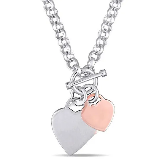Necklaces JMS always Original AMOUR Oval Link Necklace with Double Heart Charm and Toggle Clasp In 2Tone Rose and White Sterling Silver