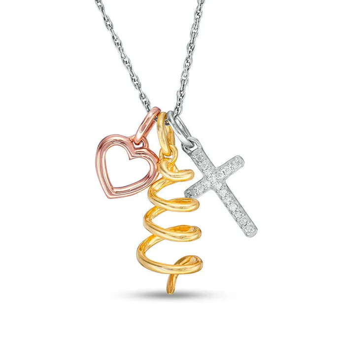 Necklaces Natural Diamond Accent Cross Tree and Heart Outline Charms Pendant in Sterling Silver and 14K TwoTone Gold Plate Goldia Necklaces Natural Diamond Accent Cross Tree and Heart Outline Charms Pendant in Sterling Silver and 14K TwoTone Gold Plate Goldia