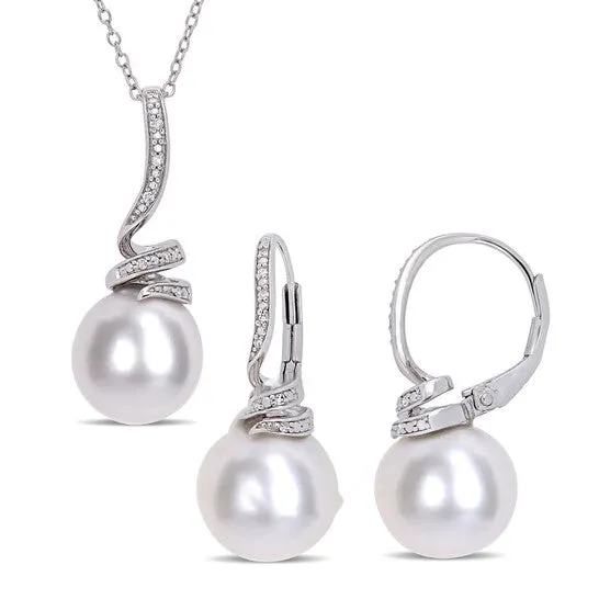 Original AMOUR 1112mm Cultured Freshwater Pearl and 110 CT TW Diamond Spiral Earrings and Pendant Set In Sterling Silver JMS always Earrings Original AMOUR 1112mm Cultured Freshwater Pearl and 110 CT TW Diamond Spiral Earrings and Pendant Set In Sterling Silver JMS always Earrings