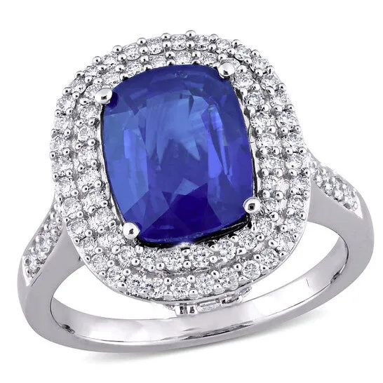 Original Amour 3 78 CT TGW Cushion Blue Sapphire and 1 CT TDW Diamond Halo Cocktail Ring in 14k White Gold JMS always Rings Original Amour 3 78 CT TGW Cushion Blue Sapphire and 1 CT TDW Diamond Halo Cocktail Ring in 14k White Gold JMS always Rings