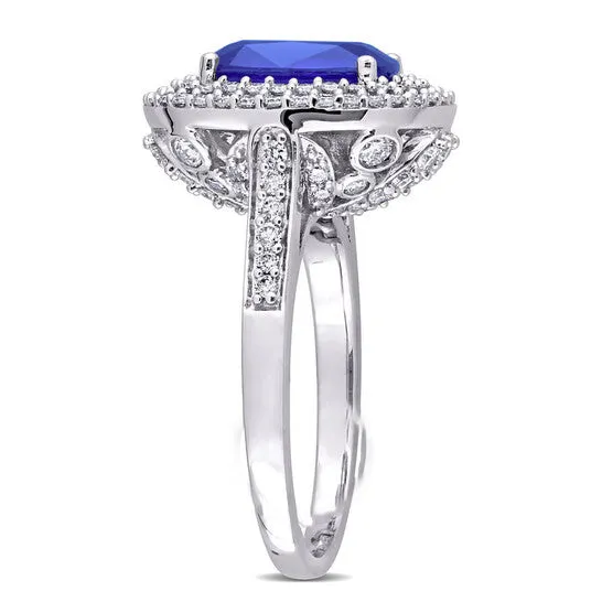 Original Amour 3 78 CT TGW Cushion Blue Sapphire and 1 CT TDW Diamond Halo Cocktail Ring in 14k White Gold JMS always Rings Original Amour 3 78 CT TGW Cushion Blue Sapphire and 1 CT TDW Diamond Halo Cocktail Ring in 14k White Gold JMS always Rings