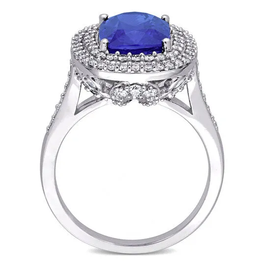 Original Amour 3 78 CT TGW Cushion Blue Sapphire and 1 CT TDW Diamond Halo Cocktail Ring in 14k White Gold JMS always Rings Original Amour 3 78 CT TGW Cushion Blue Sapphire and 1 CT TDW Diamond Halo Cocktail Ring in 14k White Gold JMS always Rings
