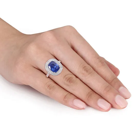 Original Amour 3 78 CT TGW Cushion Blue Sapphire and 1 CT TDW Diamond Halo Cocktail Ring in 14k White Gold JMS always Rings Original Amour 3 78 CT TGW Cushion Blue Sapphire and 1 CT TDW Diamond Halo Cocktail Ring in 14k White Gold JMS always Rings