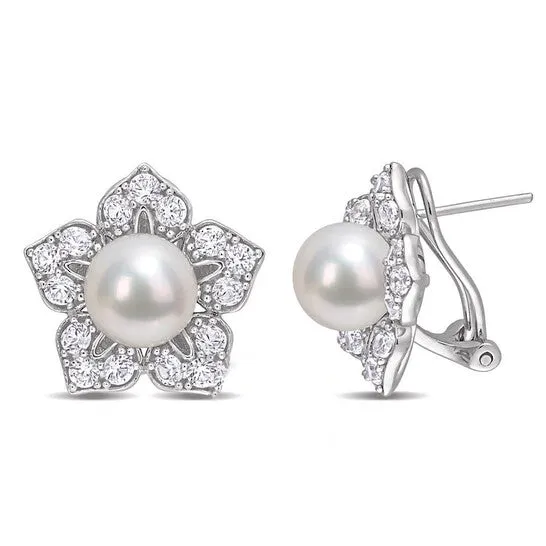 Original AMOUR 859mm Freshwater Cultured Pearl and 2 34 CT TGW Created White Sapphire Floral Earrings In Sterling Silver JMS always Earrings Original AMOUR 859mm Freshwater Cultured Pearl and 2 34 CT TGW Created White Sapphire Floral Earrings In Sterling Silver JMS always Earrings
