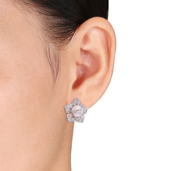 Original AMOUR 859mm Freshwater Cultured Pearl and 2 34 CT TGW Created White Sapphire Floral Earrings In Sterling Silver JMS always Earrings Original AMOUR 859mm Freshwater Cultured Pearl and 2 34 CT TGW Created White Sapphire Floral Earrings In Sterling Silver JMS always Earrings