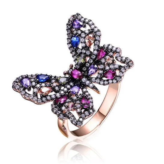 Original Megan Walford Sterling Silver with Black and Rose Gold Plated Multi Color Cubic Zirconia Butterfly Ring JMS always Rings