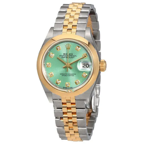 Original Rolex Lady Datejust 28 Mint Green Steel and 18kt Yellow Gold Jubilee Watch 279163GNDJ JMS always Earrings Original Rolex Lady Datejust 28 Mint Green Steel and 18kt Yellow Gold Jubilee Watch 279163GNDJ JMS always Earrings