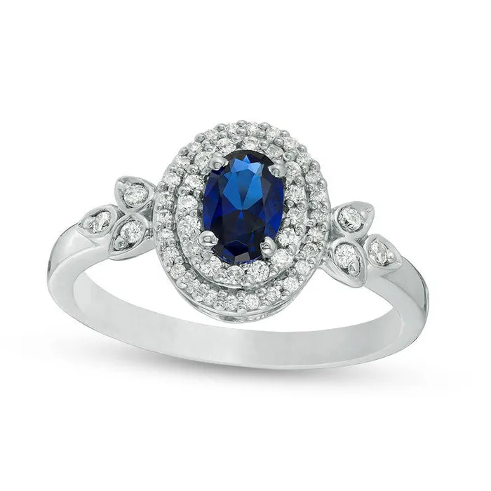 Oval LabCreated Blue Sapphire and 025 CT TW Diamond Double Frame Ring in Solid 10K White Gold Goldia Rings Oval LabCreated Blue Sapphire and 025 CT TW Diamond Double Frame Ring in Solid 10K White Gold Goldia Rings