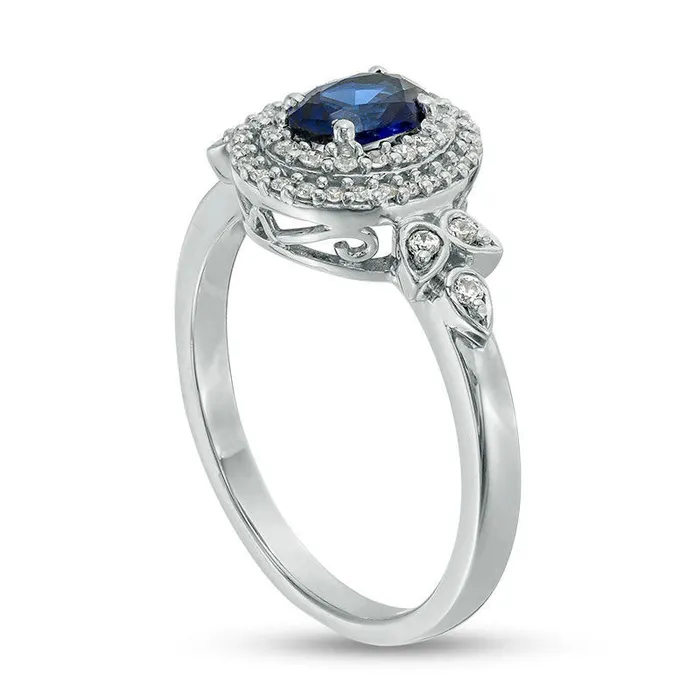 Oval LabCreated Blue Sapphire and 025 CT TW Diamond Double Frame Ring in Solid 10K White Gold Goldia Rings Oval LabCreated Blue Sapphire and 025 CT TW Diamond Double Frame Ring in Solid 10K White Gold Goldia Rings