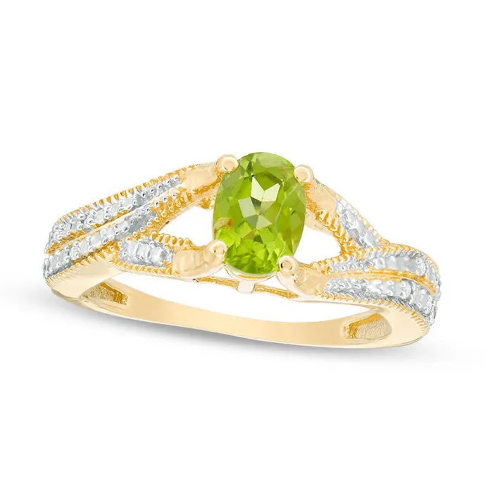 Oval Peridot and Natural Diamond Accent Antique VintageStyle Split Shank Ring in Sterling Silver with Solid 14K Gold Plate Goldia Rings Oval Peridot and Natural Diamond Accent Antique VintageStyle Split Shank Ring in Sterling Silver with Solid 14K Gold Plate Goldia Rings