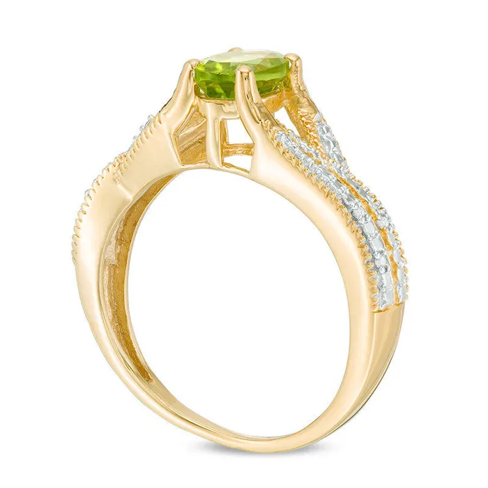 Oval Peridot and Natural Diamond Accent Antique VintageStyle Split Shank Ring in Sterling Silver with Solid 14K Gold Plate Goldia Rings Oval Peridot and Natural Diamond Accent Antique VintageStyle Split Shank Ring in Sterling Silver with Solid 14K Gold Plate Goldia Rings