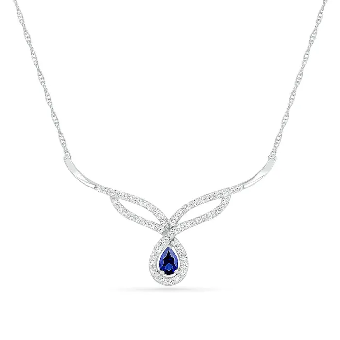 PearShaped LabCreated Blue and White Sapphire Frame Teardrop Chevron Necklace in Sterling Silver Goldia Necklaces PearShaped LabCreated Blue and White Sapphire Frame Teardrop Chevron Necklace in Sterling Silver Goldia Necklaces