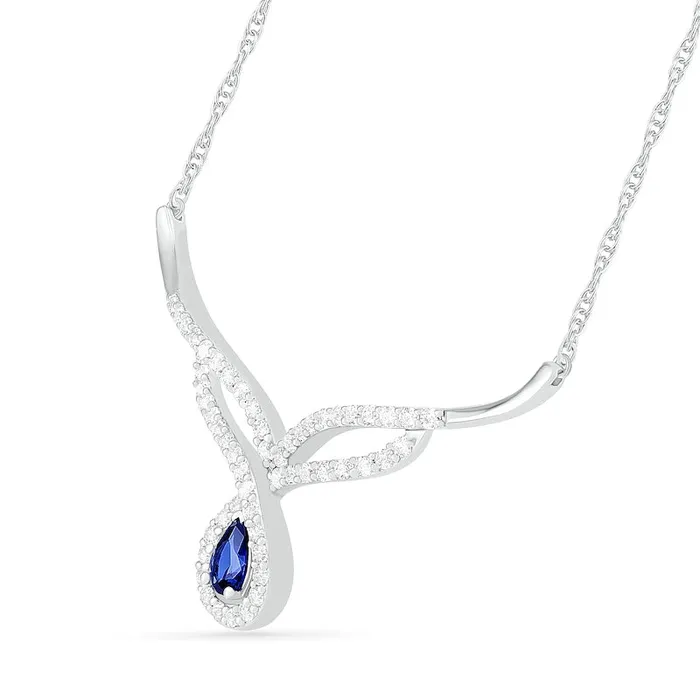 PearShaped LabCreated Blue and White Sapphire Frame Teardrop Chevron Necklace in Sterling Silver Goldia Necklaces PearShaped LabCreated Blue and White Sapphire Frame Teardrop Chevron Necklace in Sterling Silver Goldia Necklaces