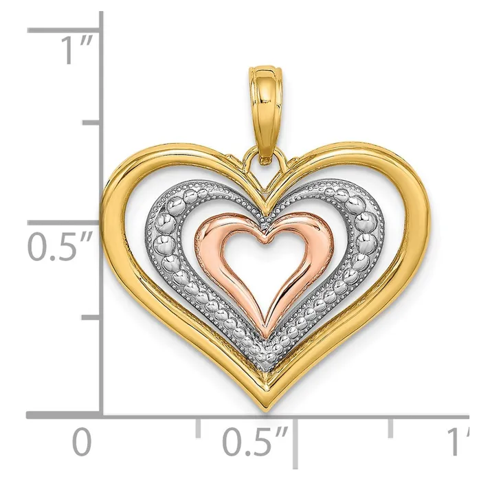 Rings 14k Twotone Gold White Rhodium Textured and Polished Triple Hearts Charm Goldia