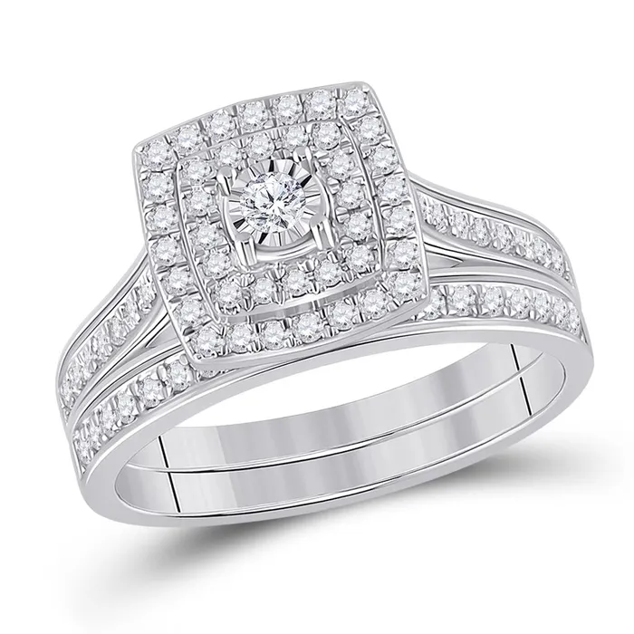 Rings 14k White Gold Round Diamond Halo Bridal Wedding Ring Set 12 Cttw gndatlanta