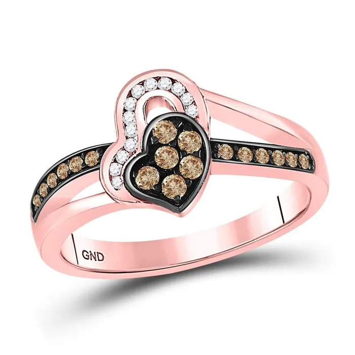 Rings gndatlanta 10k Rose Gold Round Brown Diamond Heart Ring 13 Cttw