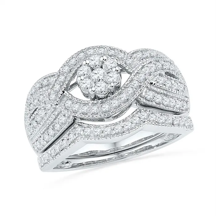 Rings gndatlanta 14k White Gold Diamond Cluster Twist Bridal Wedding Ring Set 34 Cttw Rings gndatlanta 14k White Gold Diamond Cluster Twist Bridal Wedding Ring Set 34 Cttw