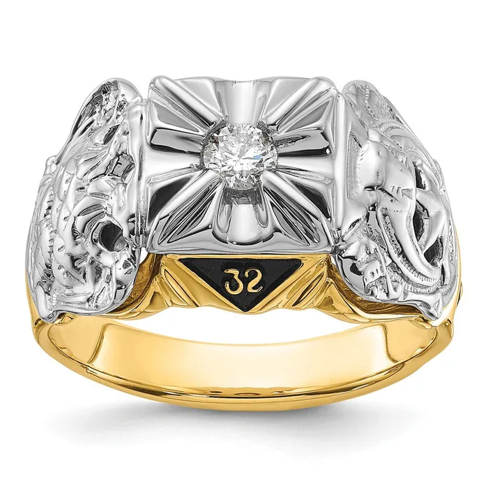 Rings Goldia 14k Twotone Gold Mens Polished and Textured with Black Enamel and AA Quality Diamond Masonic Ring Rings Goldia 14k Twotone Gold Mens Polished and Textured with Black Enamel and AA Quality Diamond Masonic Ring
