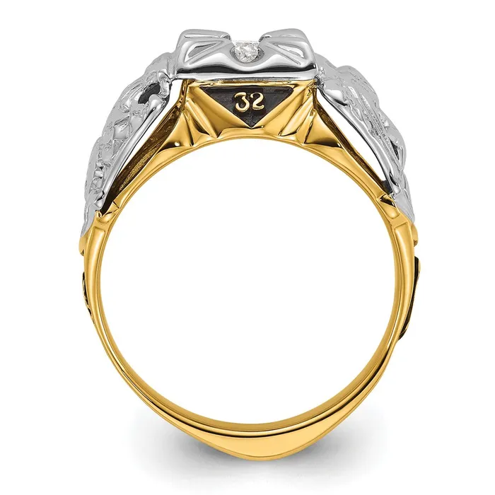 Rings Goldia 14k Twotone Gold Mens Polished and Textured with Black Enamel and AA Quality Diamond Masonic Ring