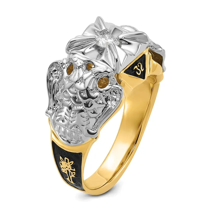 Rings Goldia 14k Twotone Gold Mens Polished and Textured with Black Enamel and AA Quality Diamond Masonic Ring