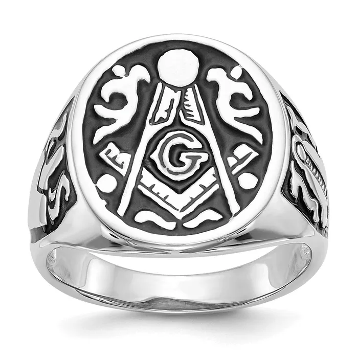 Rings Goldia 14k White Gold Mens Polished and Grooved with Black Enamel Masonic Ring Rings Goldia 14k White Gold Mens Polished and Grooved with Black Enamel Masonic Ring