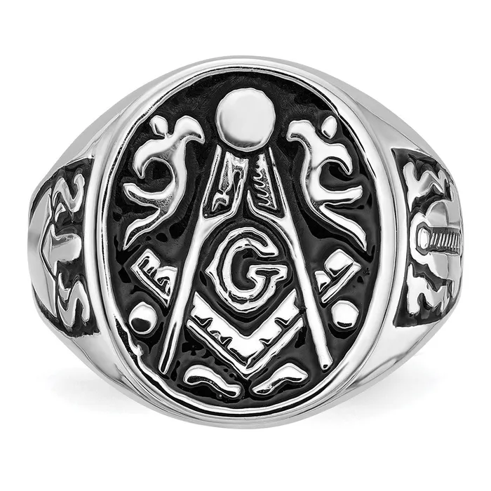 Rings Goldia 14k White Gold Mens Polished and Grooved with Black Enamel Masonic Ring