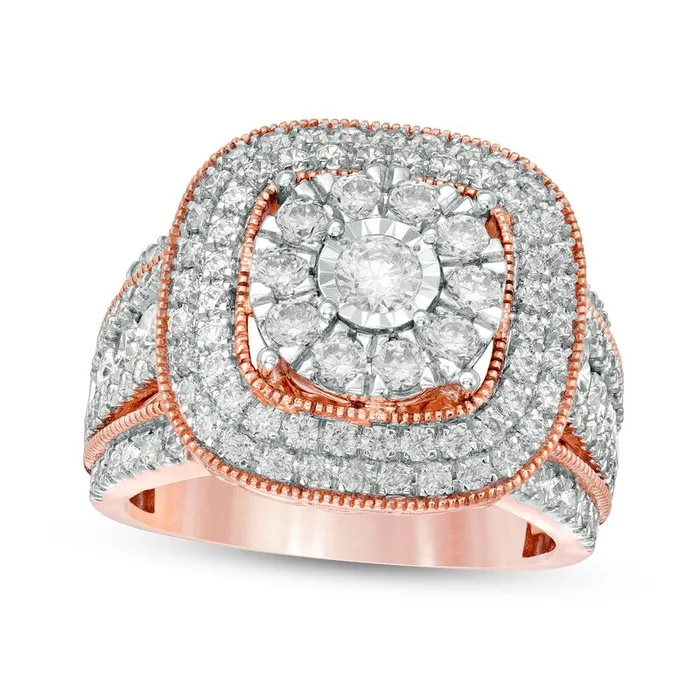Rings Goldia 20 CT TW Composite Natural Diamond Triple Cushion Frame Split Shank Antique VintageStyle Ring in Solid 10K Rose Gold Rings Goldia 20 CT TW Composite Natural Diamond Triple Cushion Frame Split Shank Antique VintageStyle Ring in Solid 10K Rose Gold