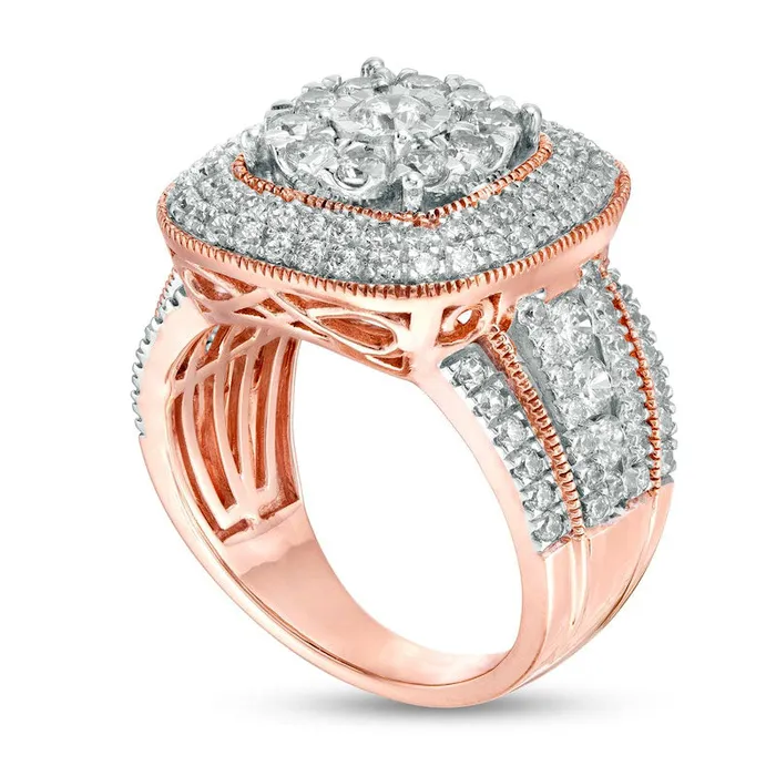 Rings Goldia 20 CT TW Composite Natural Diamond Triple Cushion Frame Split Shank Antique VintageStyle Ring in Solid 10K Rose Gold Rings Goldia 20 CT TW Composite Natural Diamond Triple Cushion Frame Split Shank Antique VintageStyle Ring in Solid 10K Rose Gold