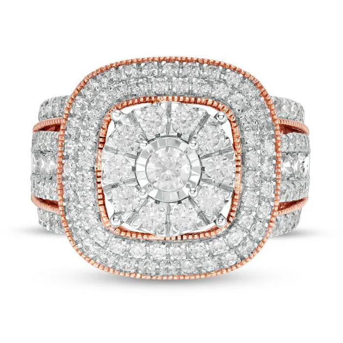 Rings Goldia 20 CT TW Composite Natural Diamond Triple Cushion Frame Split Shank Antique VintageStyle Ring in Solid 10K Rose Gold Rings Goldia 20 CT TW Composite Natural Diamond Triple Cushion Frame Split Shank Antique VintageStyle Ring in Solid 10K Rose Gold