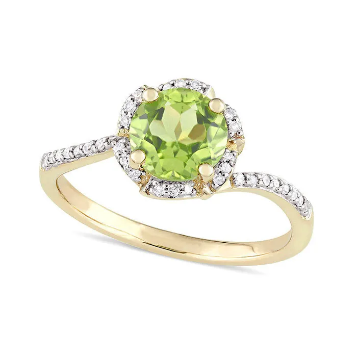Rings Goldia 70mm Peridot and 010 CT TW Natural Diamond Floral Frame Bypass Ring in Solid 14K Gold Rings Goldia 70mm Peridot and 010 CT TW Natural Diamond Floral Frame Bypass Ring in Solid 14K Gold