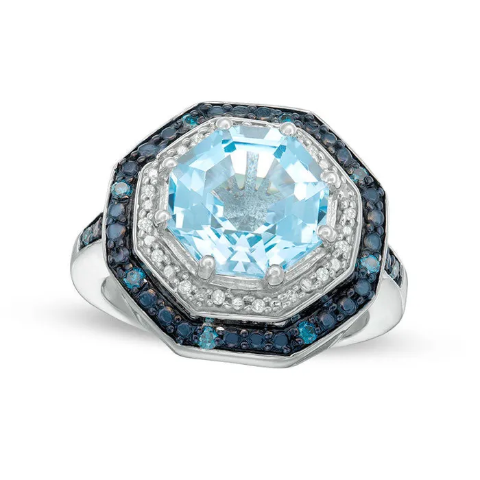 Rings Goldia Blue Topaz and 017 CT TW Enhanced Blue and White Natural Diamond Double Octagon Frame Ring in Sterling Silver Rings Goldia Blue Topaz and 017 CT TW Enhanced Blue and White Natural Diamond Double Octagon Frame Ring in Sterling Silver