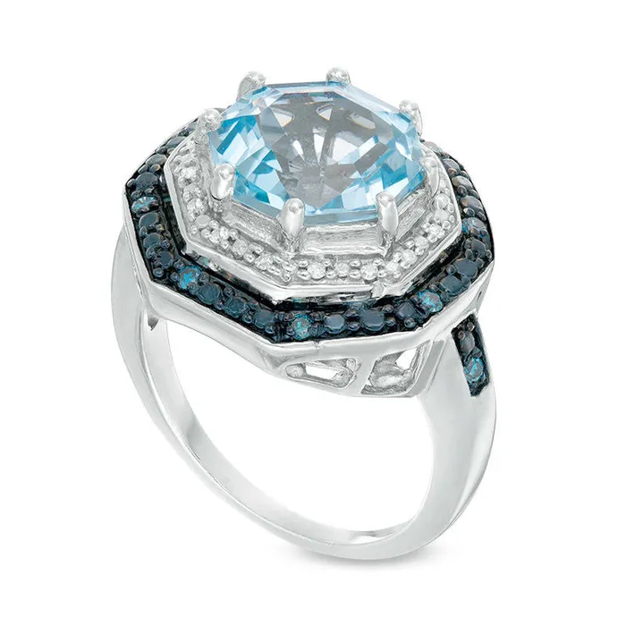 Rings Goldia Blue Topaz and 017 CT TW Enhanced Blue and White Natural Diamond Double Octagon Frame Ring in Sterling Silver Rings Goldia Blue Topaz and 017 CT TW Enhanced Blue and White Natural Diamond Double Octagon Frame Ring in Sterling Silver