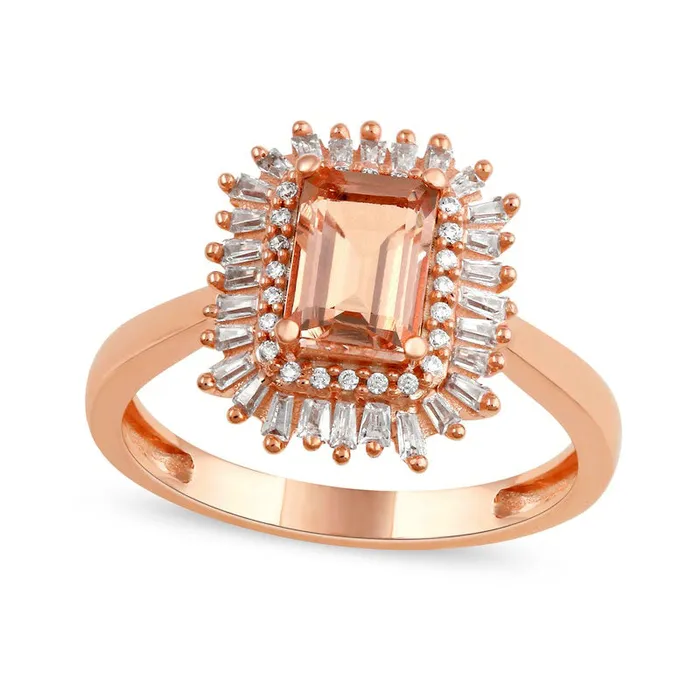 Rings Goldia EmeraldCut Morganite and 025 CT TW Baguette and Round Natural Diamond Double Frame Ring in Solid 10K Rose Gold Rings Goldia EmeraldCut Morganite and 025 CT TW Baguette and Round Natural Diamond Double Frame Ring in Solid 10K Rose Gold