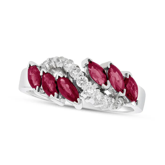 Rings Goldia Marquise Ruby and 025 CT TW Natural Diamond Slant Ring in Solid 14K White Gold Rings Goldia Marquise Ruby and 025 CT TW Natural Diamond Slant Ring in Solid 14K White Gold