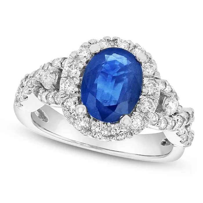 Rings Goldia Oval Blue Sapphire and 063 CT TW Natural Diamond Frame Side Accent Twisted Split Shank Engagement Ring in Solid 14K White Gold Rings Goldia Oval Blue Sapphire and 063 CT TW Natural Diamond Frame Side Accent Twisted Split Shank Engagement Ring in Solid 14K White Gold