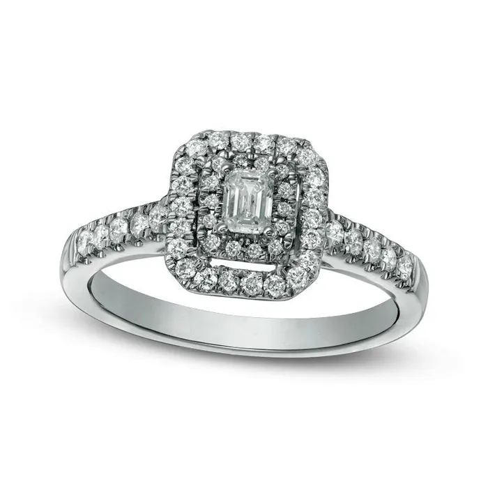 Rings Goldia Previously Owned 050 CT TW EmeraldCut Natural Diamond Double Frame Engagement Ring in Solid 14K White Gold Rings Goldia Previously Owned 050 CT TW EmeraldCut Natural Diamond Double Frame Engagement Ring in Solid 14K White Gold