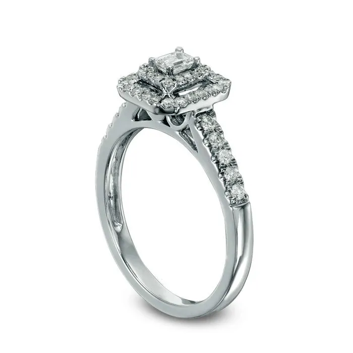 Rings Goldia Previously Owned 050 CT TW EmeraldCut Natural Diamond Double Frame Engagement Ring in Solid 14K White Gold Rings Goldia Previously Owned 050 CT TW EmeraldCut Natural Diamond Double Frame Engagement Ring in Solid 14K White Gold
