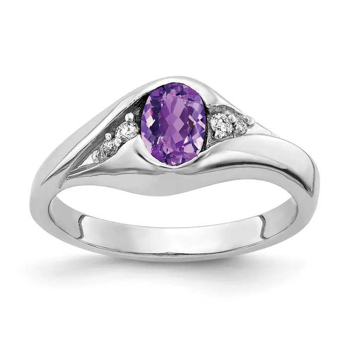 Rings Goldia Solid 14k White Gold 6x4mm Oval Simulated Amethyst ChecKer AAA CZ Ring Rings Goldia Solid 14k White Gold 6x4mm Oval Simulated Amethyst ChecKer AAA CZ Ring