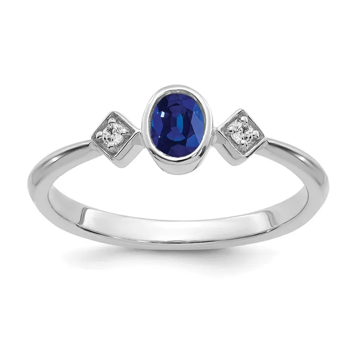 Rings Goldia Solid 14k White Gold Oval Bezel Simulated Sapphire and CZ Ring Rings Goldia Solid 14k White Gold Oval Bezel Simulated Sapphire and CZ Ring